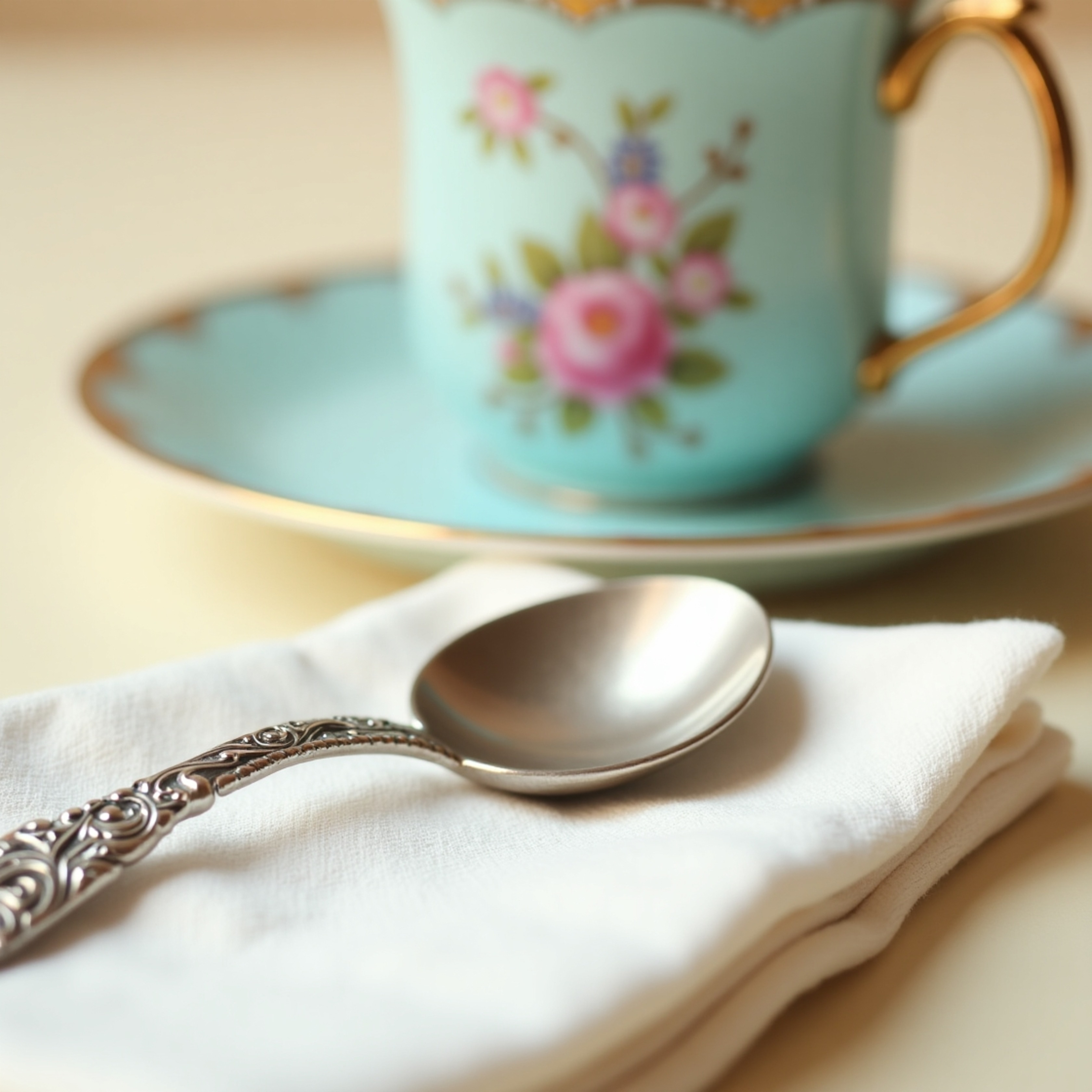 A captivating close-up showcases an intricately designed silver spoon resting on a crisp linen napkin, juxtaposed with a deli