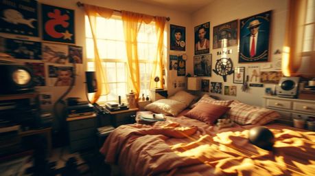 A vibrant and luxurious image depicting a messy bedroom filled with unusual gadgets and posters in dynamic motion.  Warm gold