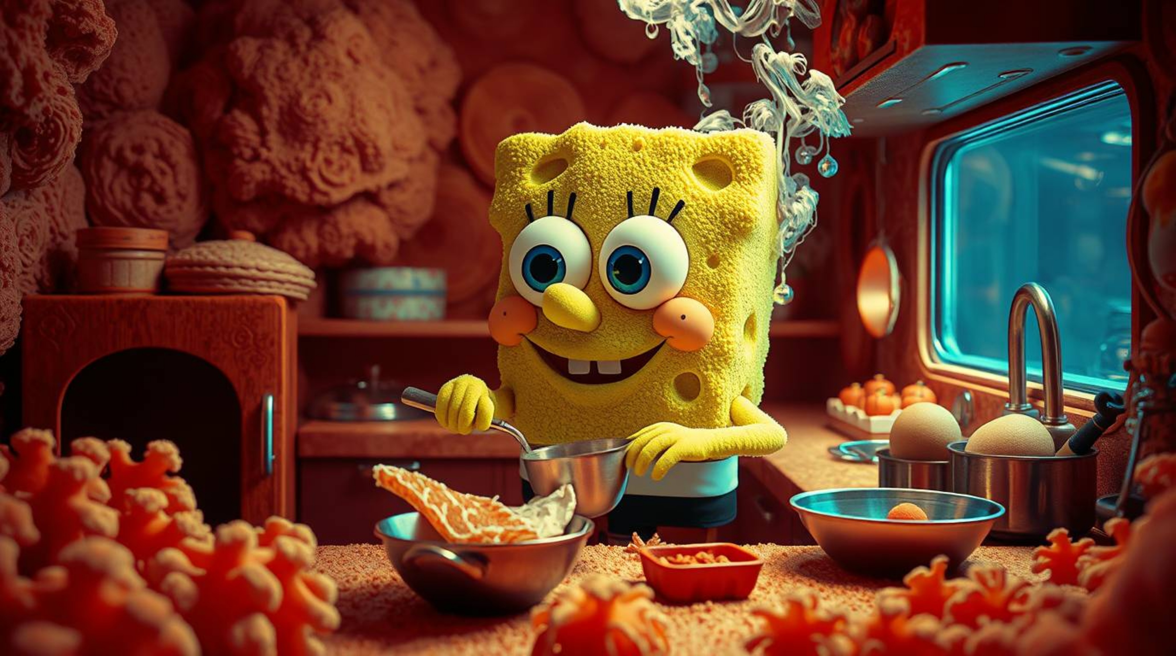 This stunning image captures a surreal infrared view of an adorable sponge character diligently cooking in an underwater kitc