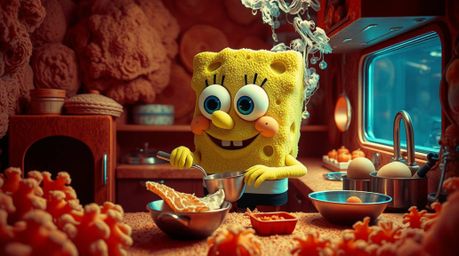 This stunning image captures a surreal infrared view of an adorable sponge character diligently cooking in an underwater kitc