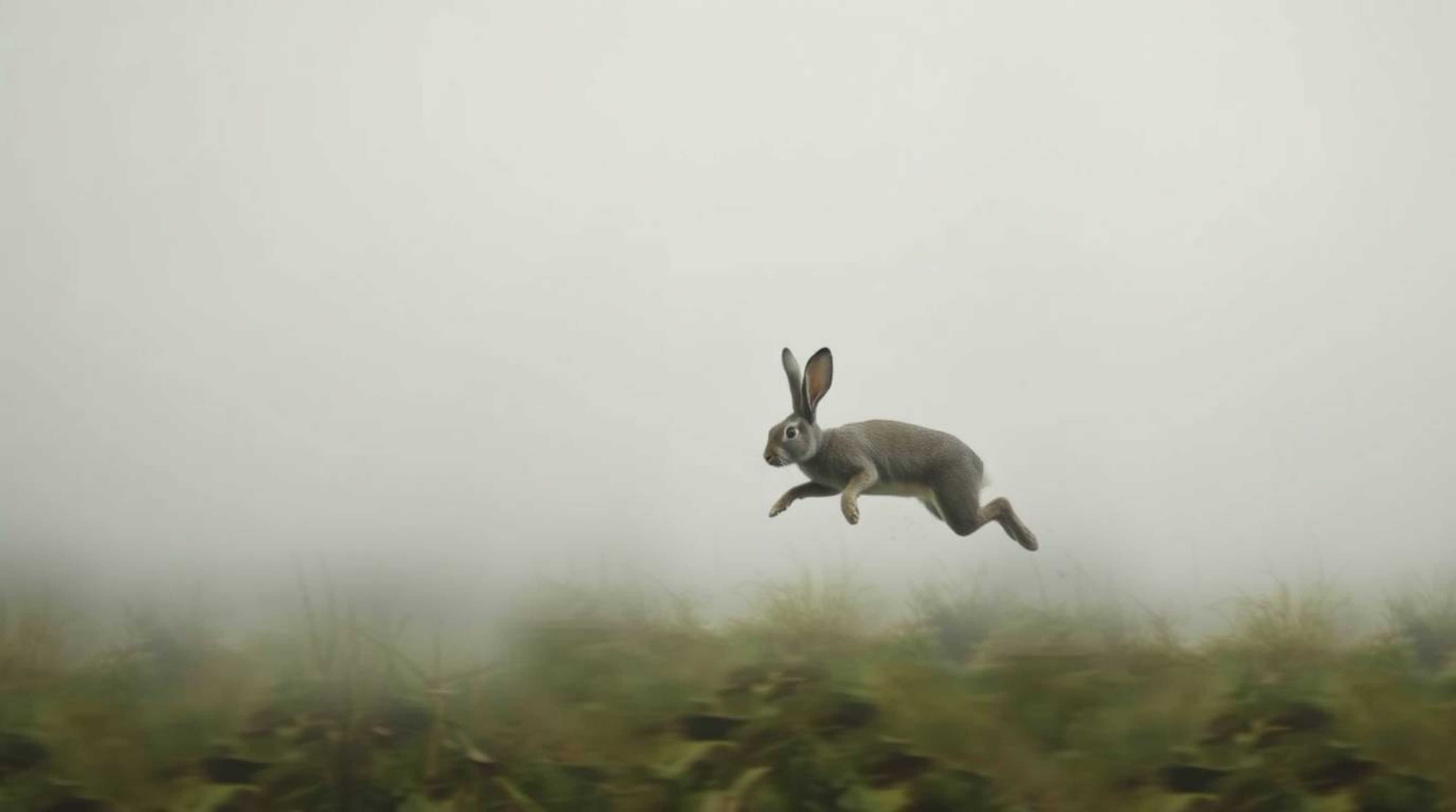 A comedic image featuring a wacky rabbit outsmarting a hunter in a dense fog. The scene utilizes low visibility and bold cont