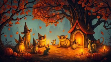 Immerse yourself in a fantasy kingdom teeming with quirky magical creatures, rendered in the rich, warm hues of autumn.  Bath
