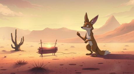An isekai anime-style artwork portraying a coyote setting up a comically absurd trap in a mystical desert. The gentle color c