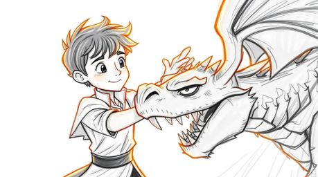 A hand-drawn sketch depicting a charming prince with soft features and light skin bravely fighting a dragon, bathed in the wa