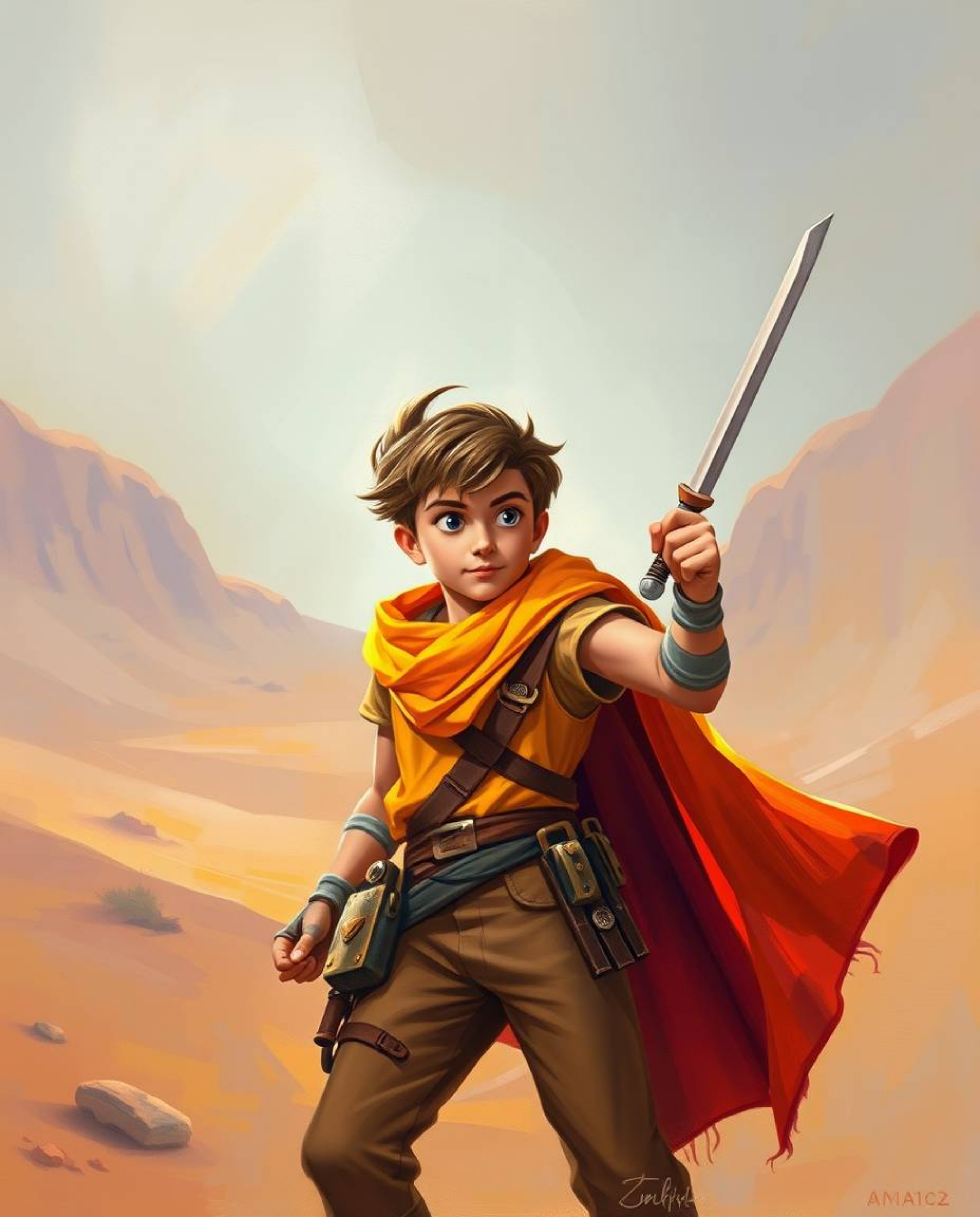 A captivating digital painting depicts a brave Disney-style hero embarking on a thrilling desert adventure. The artwork show