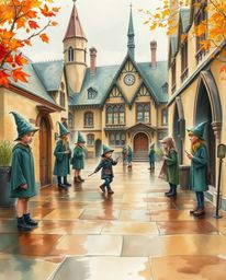 Immerse yourself in a delicate watercolor painting depicting a magical school bustling with young wizards on a wet, rainy aut