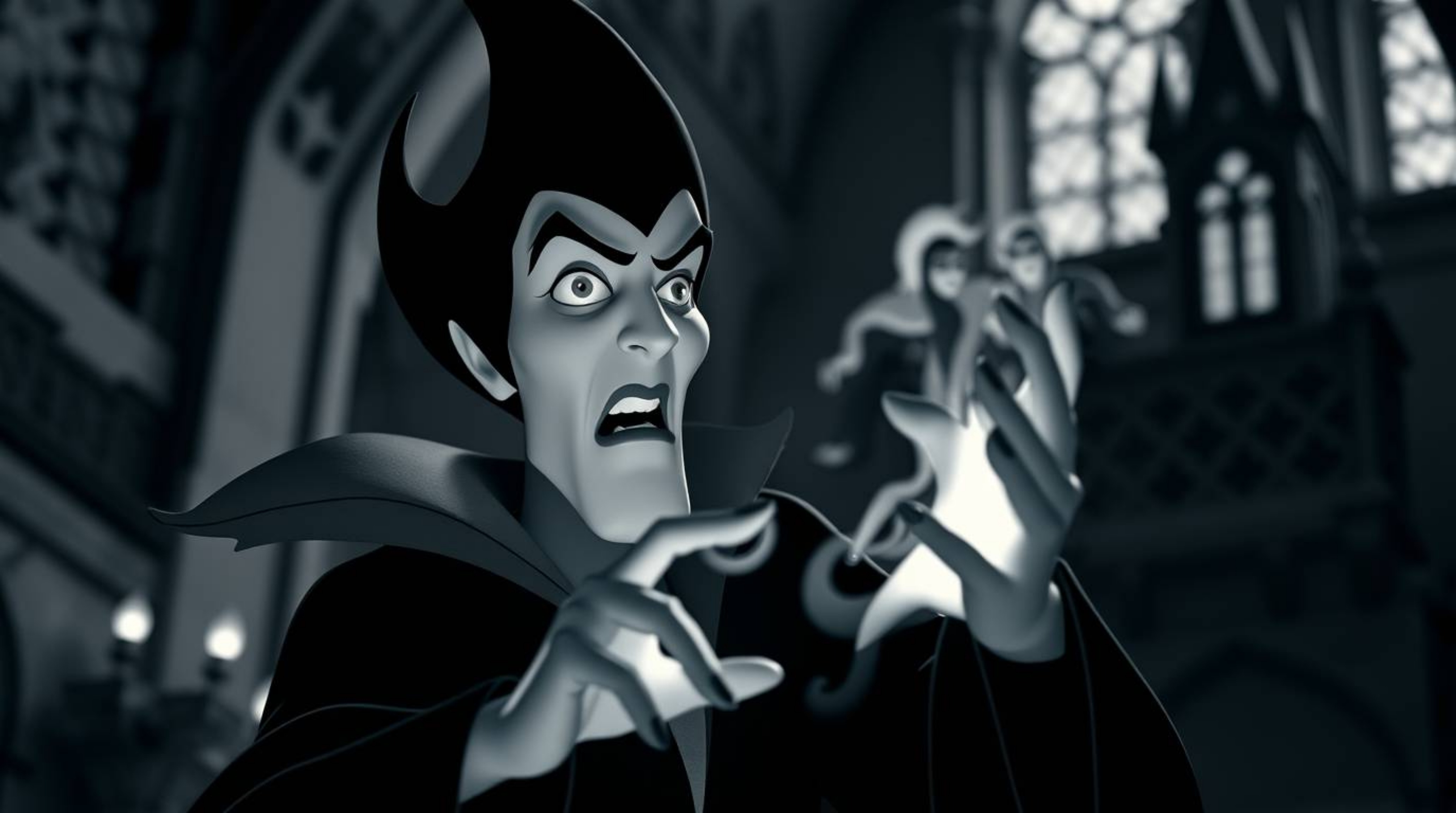 A captivating black and white photograph depicts a classic Disney villain casting a spell within the eerie ambiance of an old