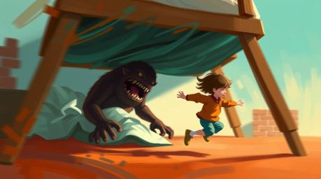 A heartwarming digital painting depicts an unlikely friendship between a child and a monster hiding under their bed.  The art