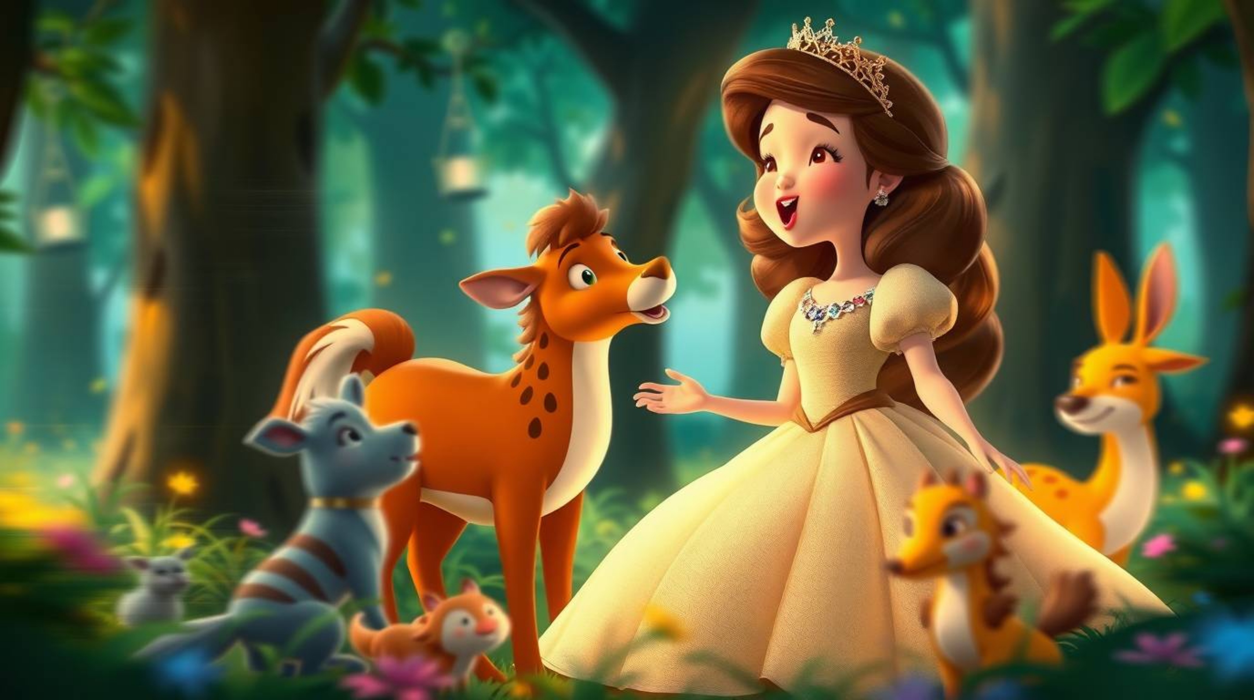 A beautiful vintage 2D animation featuring a princess singing with forest animals. This artwork utilizes long exposure photog