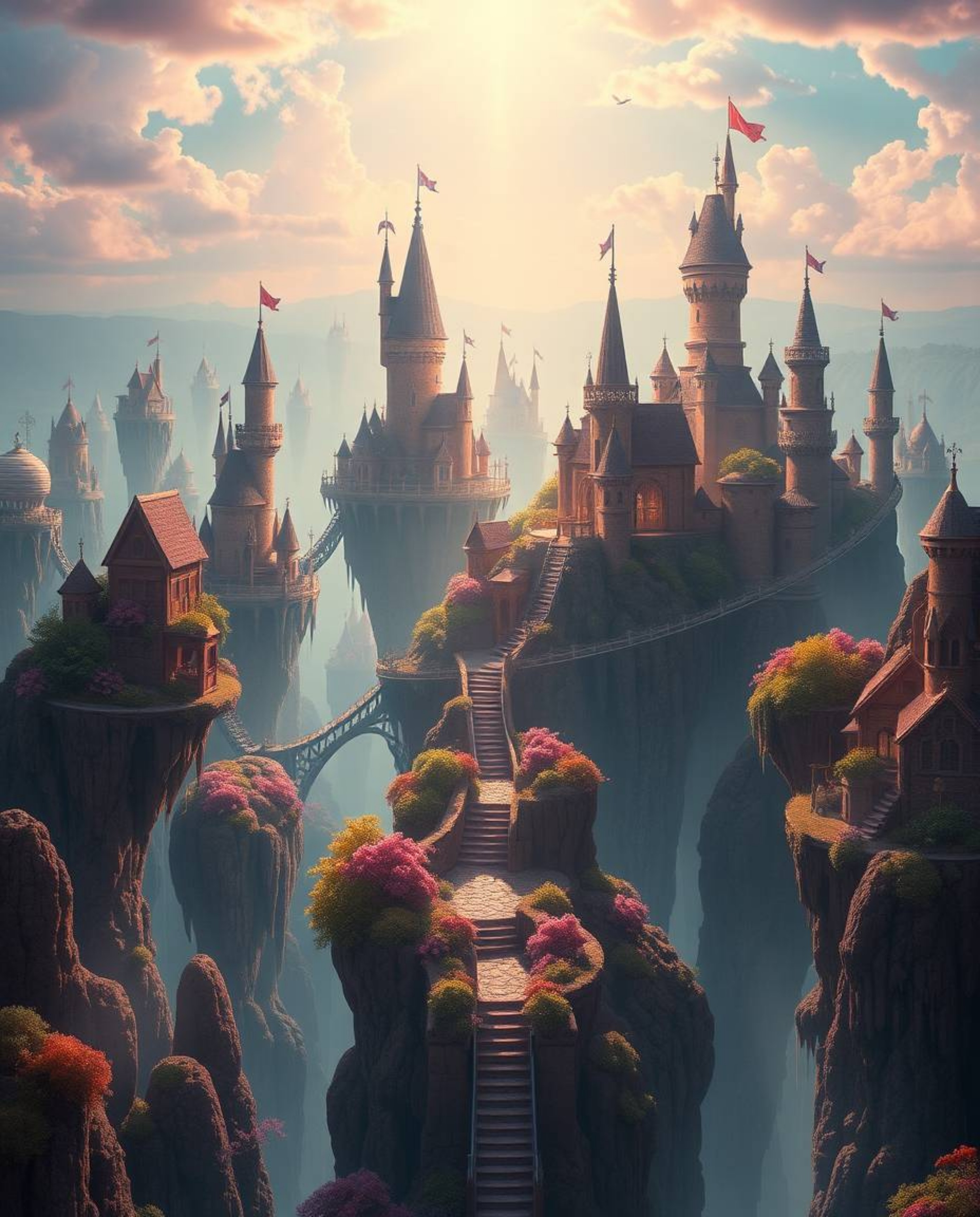 Discover a breathtaking fantasy kingdom filled with vibrant floating islands and majestic castles.  Bathed in a soft, etherea