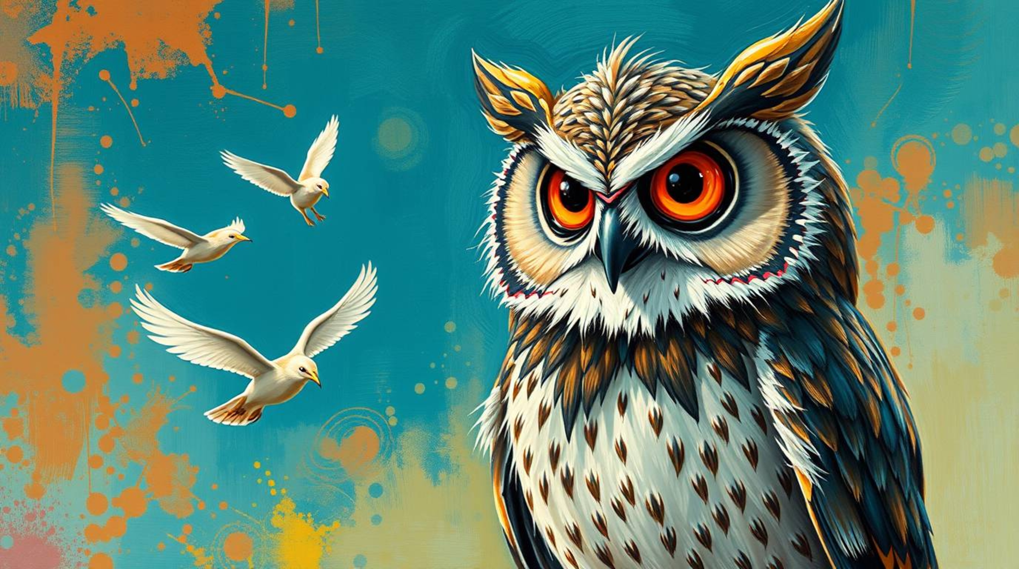 A bold acrylic painting featuring a blind owl with textured feathers and expressive eyes, rendered in a vibrant color palette