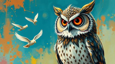 A bold acrylic painting featuring a blind owl with textured feathers and expressive eyes, rendered in a vibrant color palette