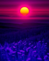 A futuristic sci-fi styled image depicting a sunset over a spring wildflower meadow, defined by its stunning deep ultraviolet
