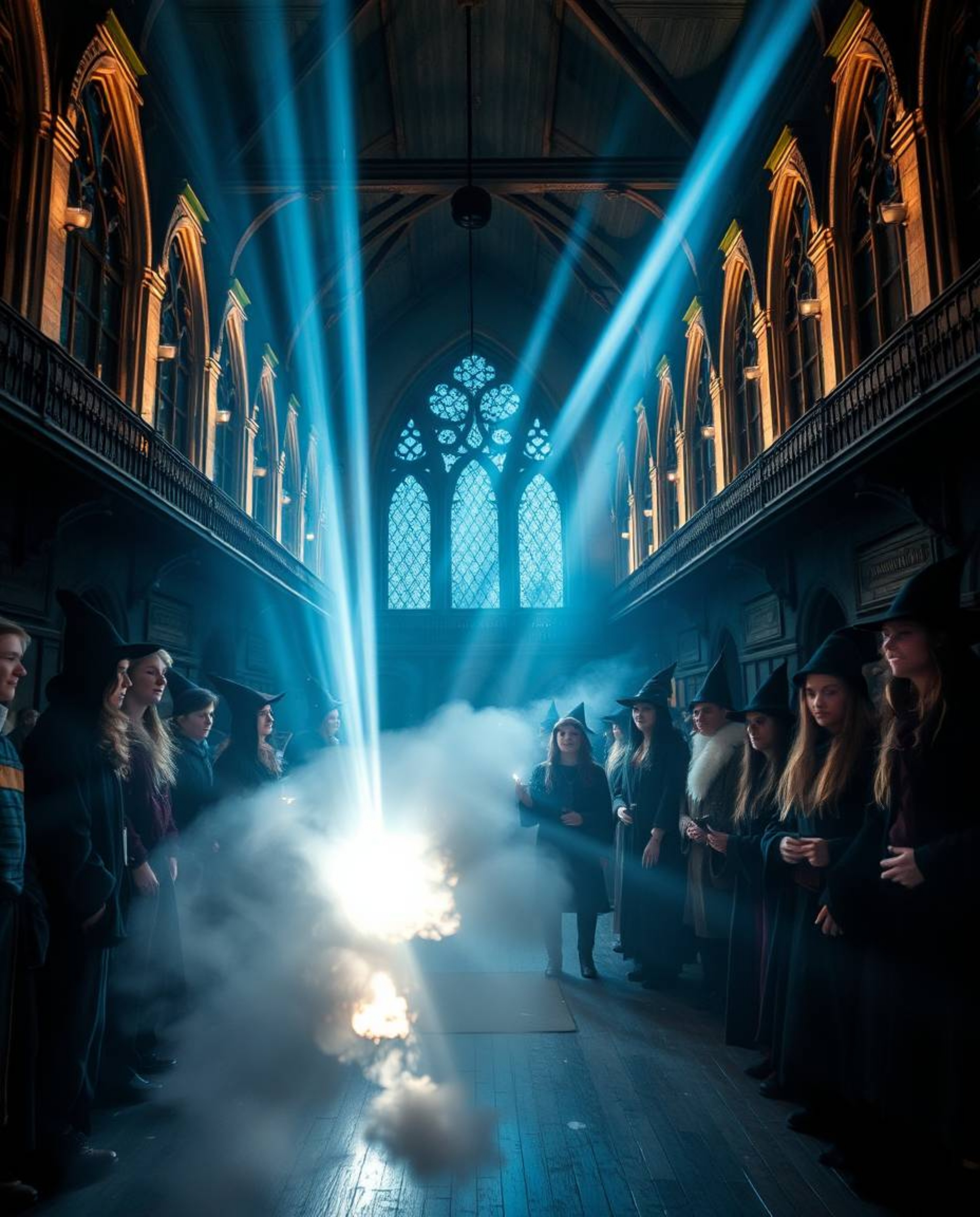A captivating long exposure photograph depicts a magical school brimming with young wizards.  Volumetric lighting creates a m