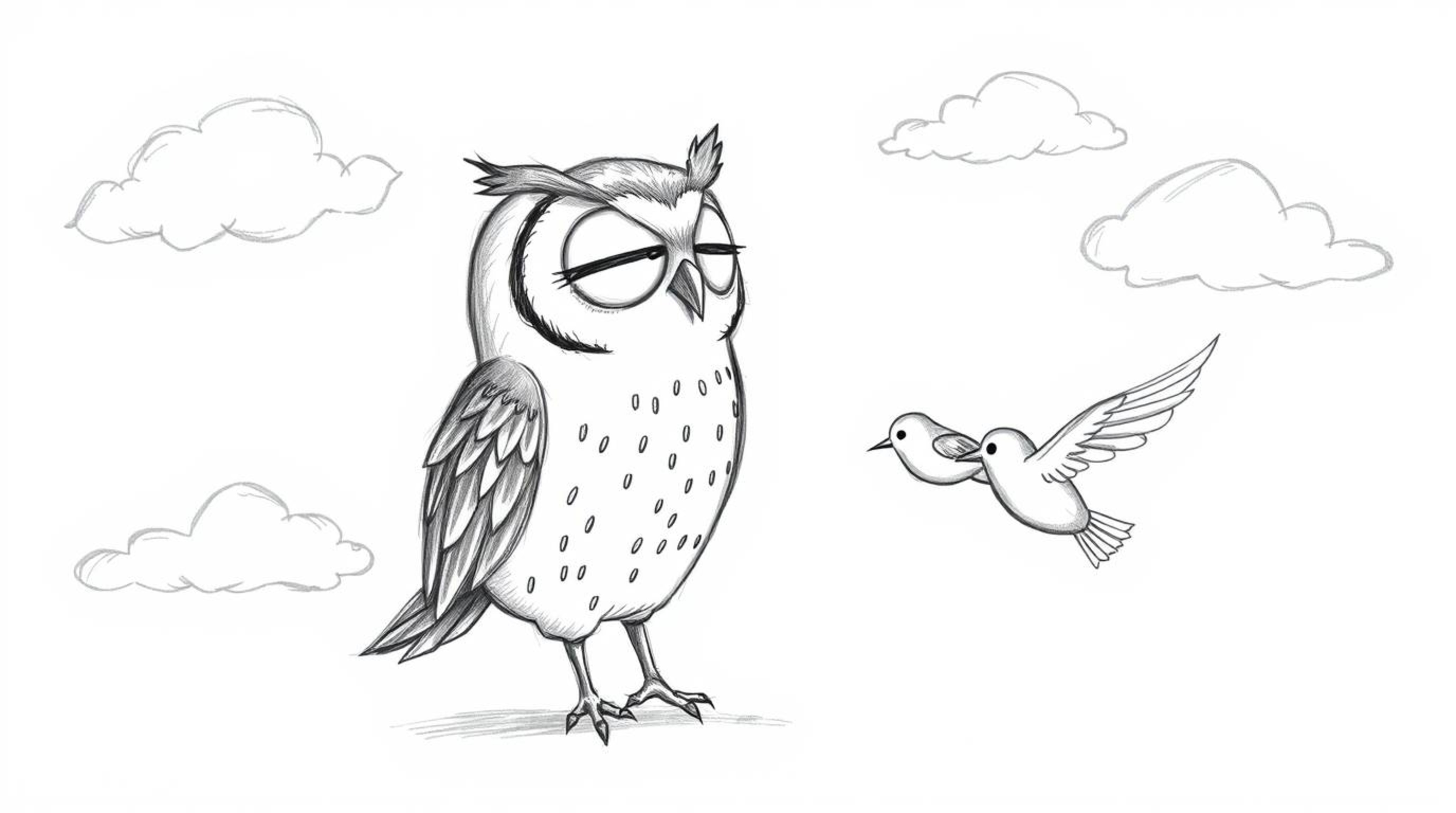 A heartwarming, Pixar-inspired hand-drawn sketch portrays a blind owl with gentle, rounded features instructing small birds o