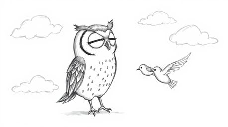 A heartwarming, Pixar-inspired hand-drawn sketch portrays a blind owl with gentle, rounded features instructing small birds o
