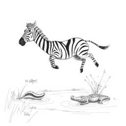 A surreal scene unfolds in infrared tones, depicting a hand-drawn sketch brought to life. A 3D cartoon zebra, adorned with cl