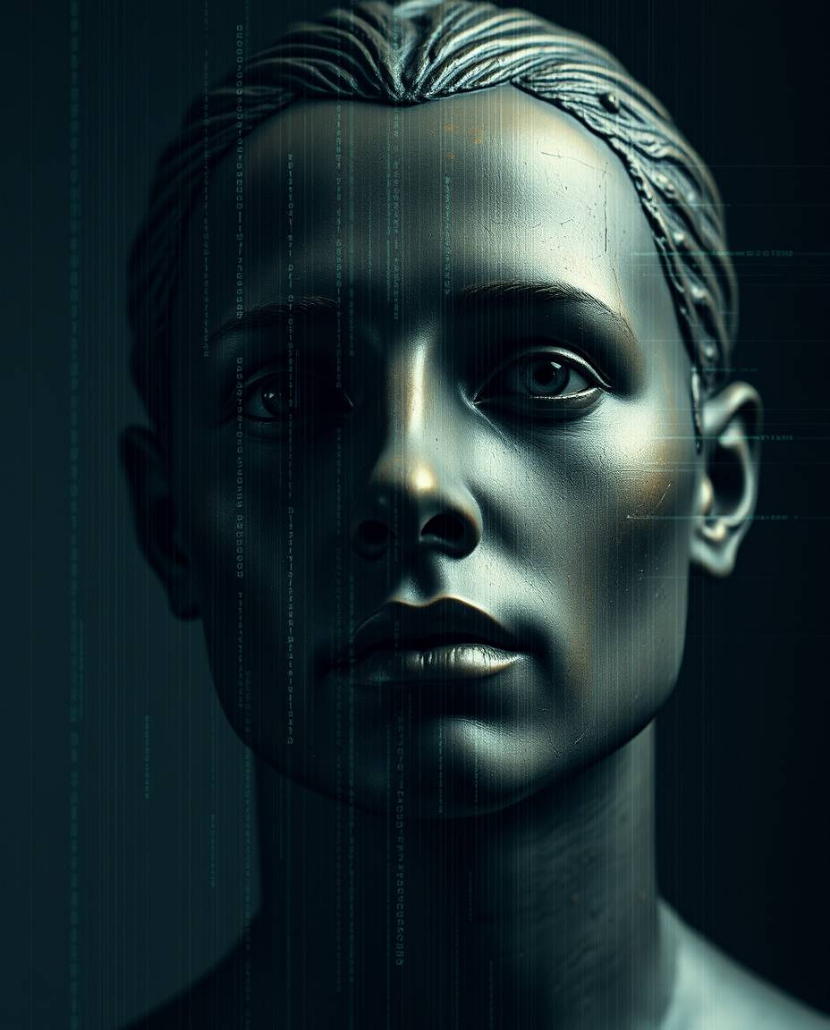A captivating digital artwork depicts a human face morphing into a data stream, rendered in a striking, moody style reminisce