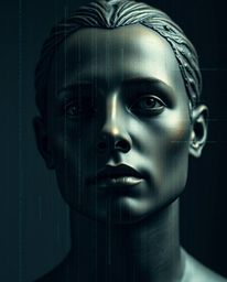 A captivating digital artwork depicts a human face morphing into a data stream, rendered in a striking, moody style reminisce