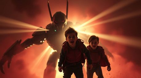 In an eerie, infrared-toned scene, a trio of superpowered kids faces their fears as they battle a menacing robot.  Volumetric