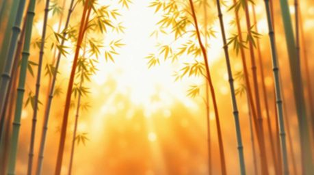 This exquisite watercolor painting captures a serene bamboo forest illuminated by the golden hues of a warm sunset.  The arti