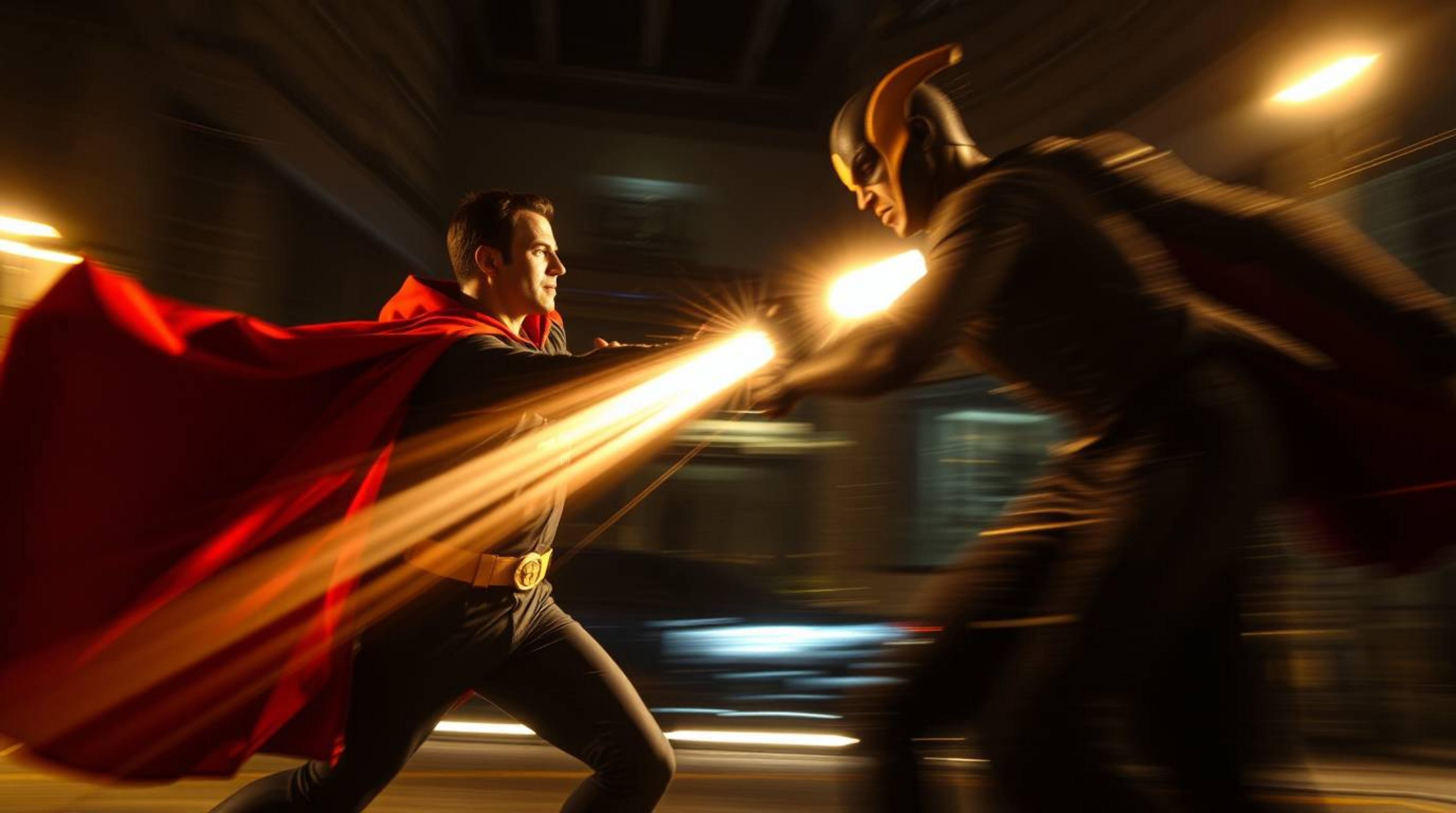 A long-exposure photograph capturing a superhero with a cape locked in a dynamic battle against a silly villain. The image fe