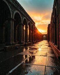 A wet rainy scene featuring a striking contrast of warm terracotta and cool teal. As the sun sets, it casts long shadows thro