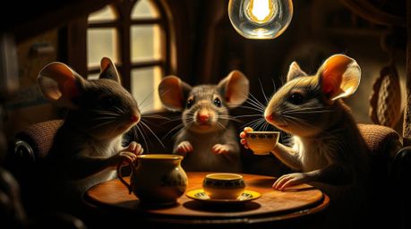 Explore the whimsical world of anthropomorphic mice enjoying a delightful tea party in a snug cottage. This extreme macro clo