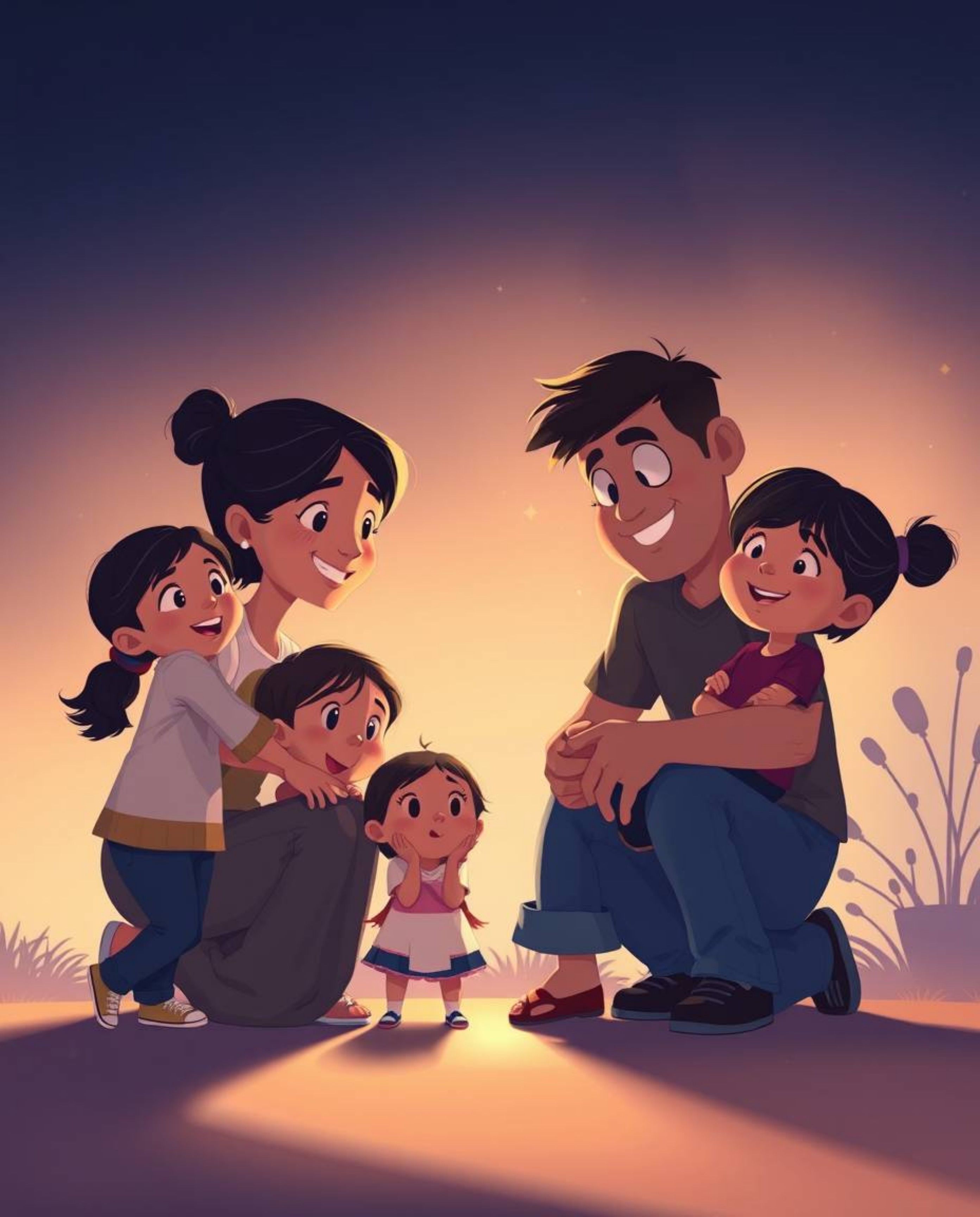 Experience the warmth of a heartfelt family reunion depicted in a stunning Pixar-style illustration. This low-angle perspecti