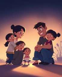 Experience the warmth of a heartfelt family reunion depicted in a stunning Pixar-style illustration. This low-angle perspecti