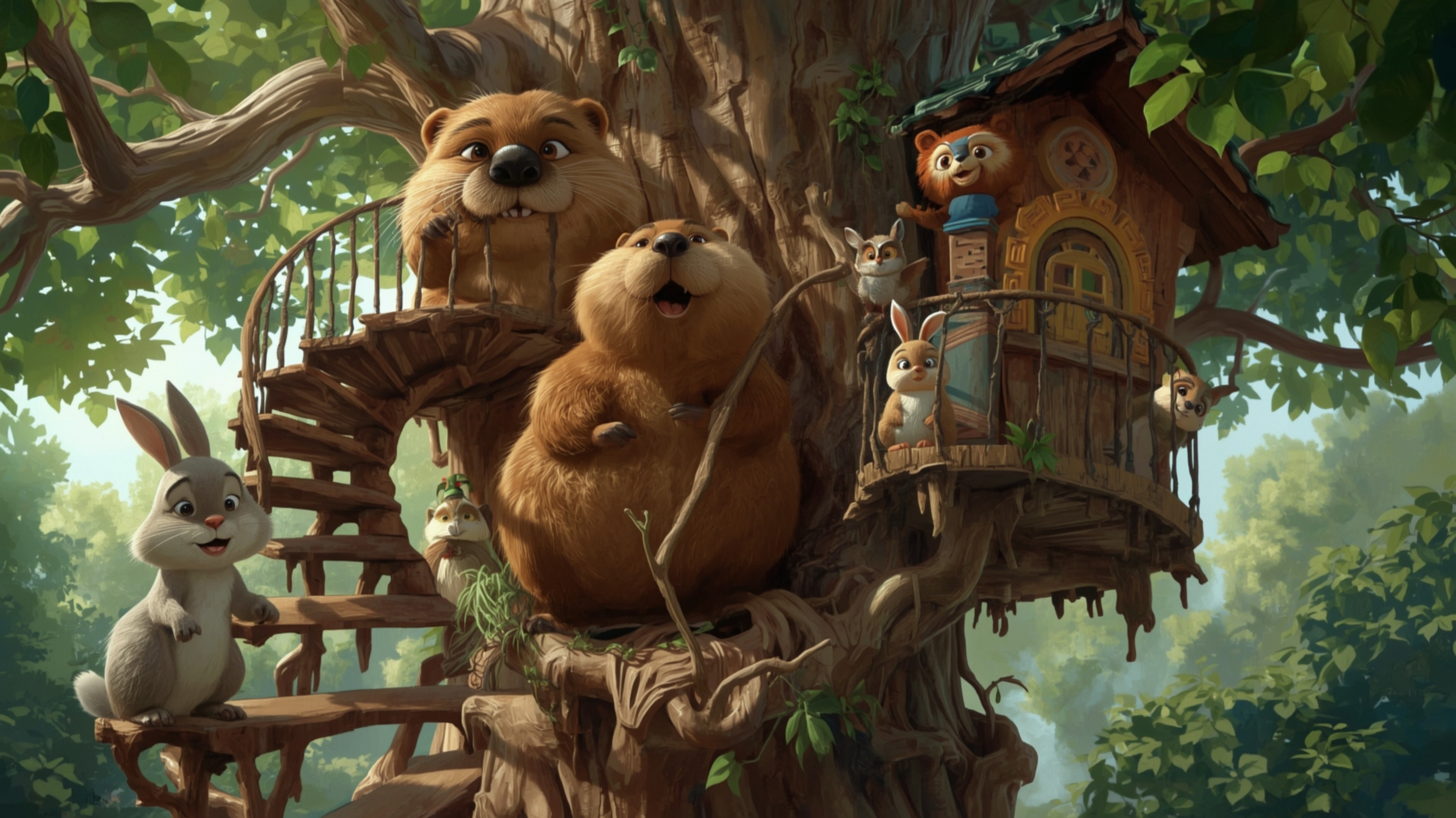 A highly detailed, high-resolution digital illustration, inspired by Pixar's whimsical style, depicts a kind-eyed beaver buil