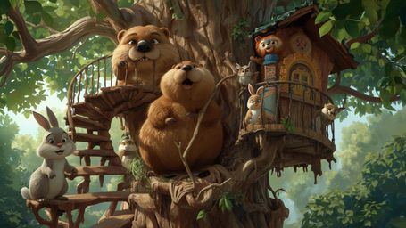A highly detailed, high-resolution digital illustration, inspired by Pixar's whimsical style, depicts a kind-eyed beaver buil