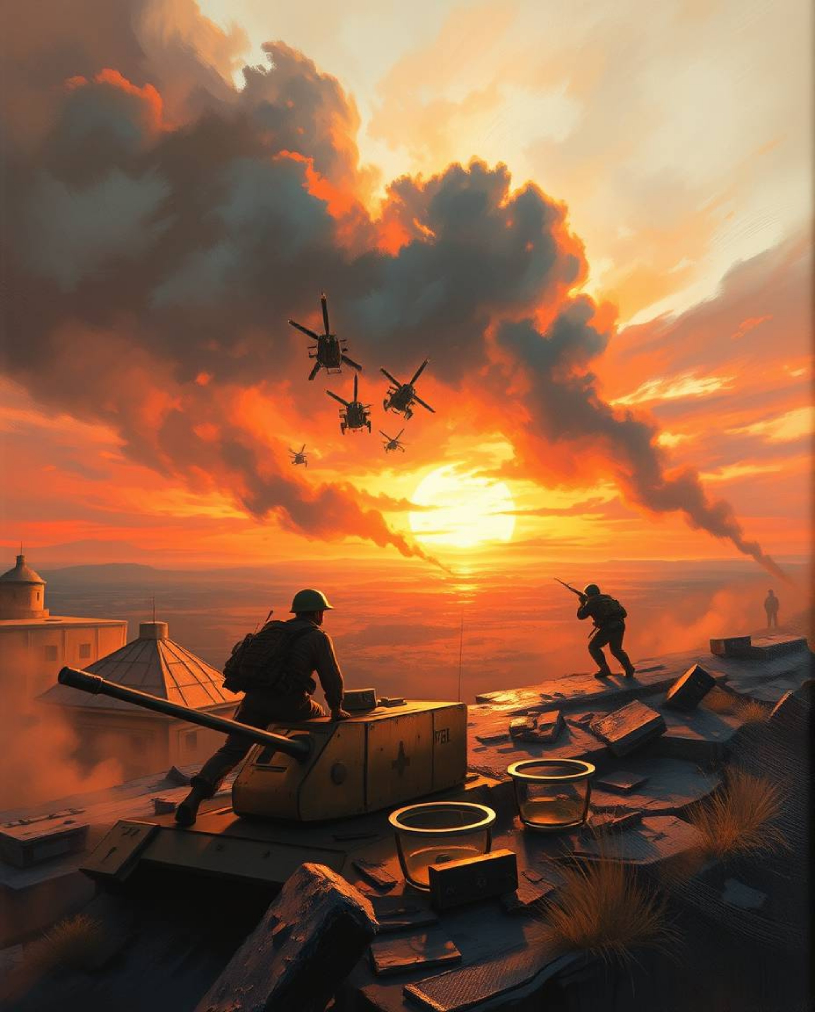 A dynamic painting captures the poignant beauty of a sunrise over a war-torn landscape. The artwork features gentle, soft lig