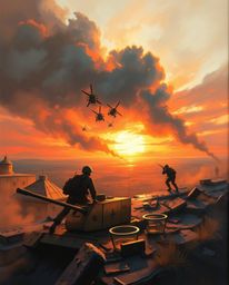 A dynamic painting captures the poignant beauty of a sunrise over a war-torn landscape. The artwork features gentle, soft lig