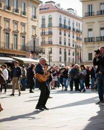 A captivating candid street photograph showcases a vibrant musical performance in a sunlit town square.  The image focuses on