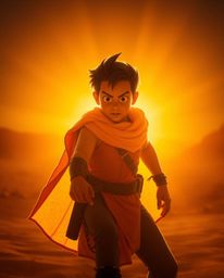 Experience a vibrant and dynamic desert adventure featuring a brave, Disney-style hero illuminated by a warm golden glow and 