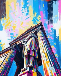 This captivating acrylic painting presents a low-angle view of a classical sculpture, dynamically corrupted with a colorful g