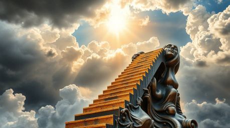A captivating bronze sculpture portrays a golden staircase gracefully ascending through billowing clouds towards a radiant he
