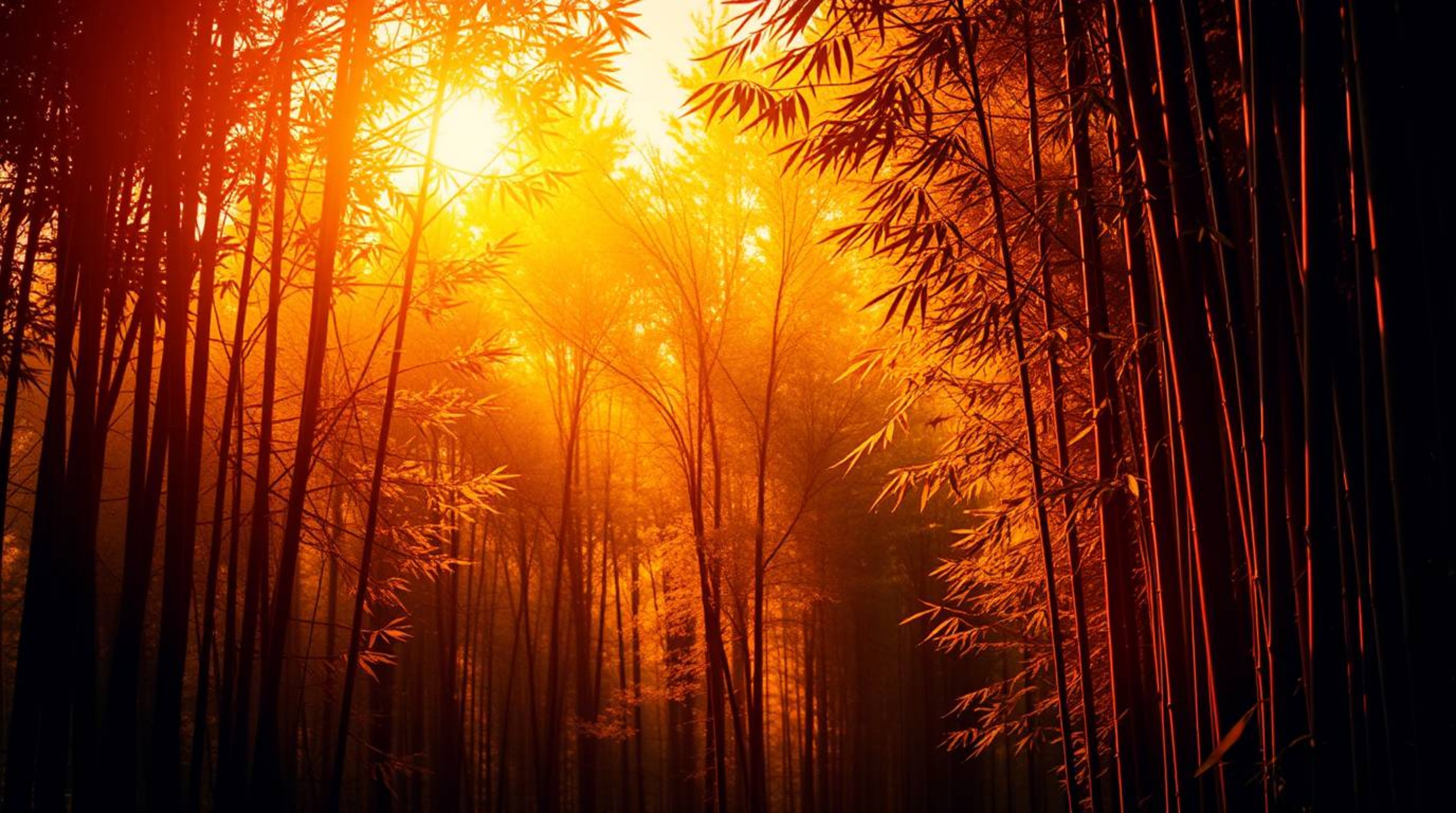 A creative light art piece beautifully depicting a bamboo forest bathed in warm sunset light. The use of warm autumn colors