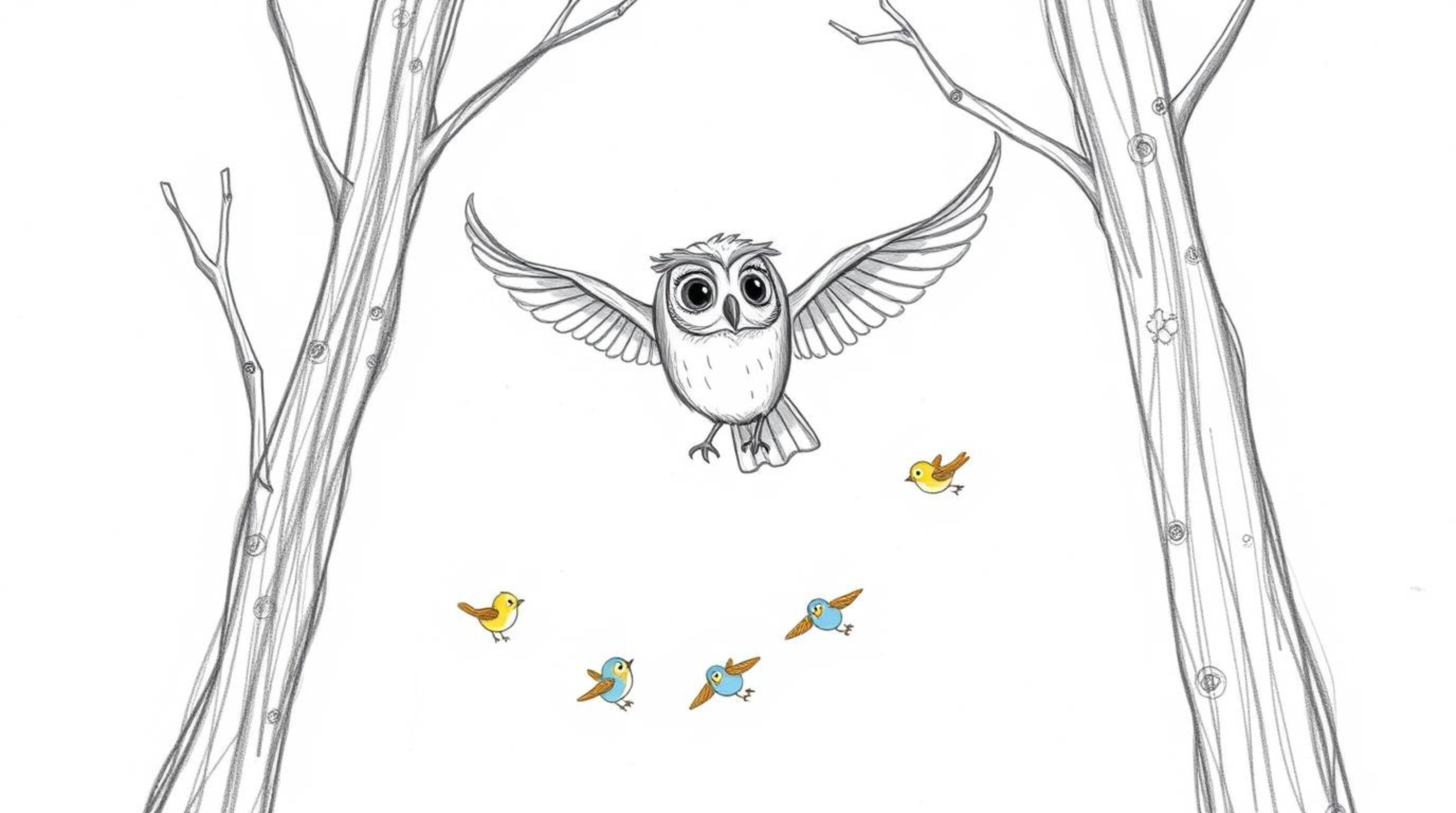 A heartwarming, hand-drawn sketch in the style of Pixar depicts a wise, blind owl gliding effortlessly between trees, guiding