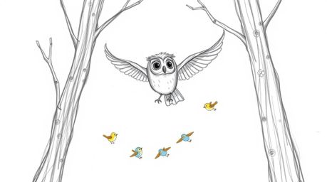 A heartwarming, hand-drawn sketch in the style of Pixar depicts a wise, blind owl gliding effortlessly between trees, guiding