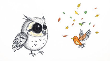 A heartwarming hand-drawn sketch depicts a blind owl with large, expressive eyes, engagingly teaching small, colorful birds h