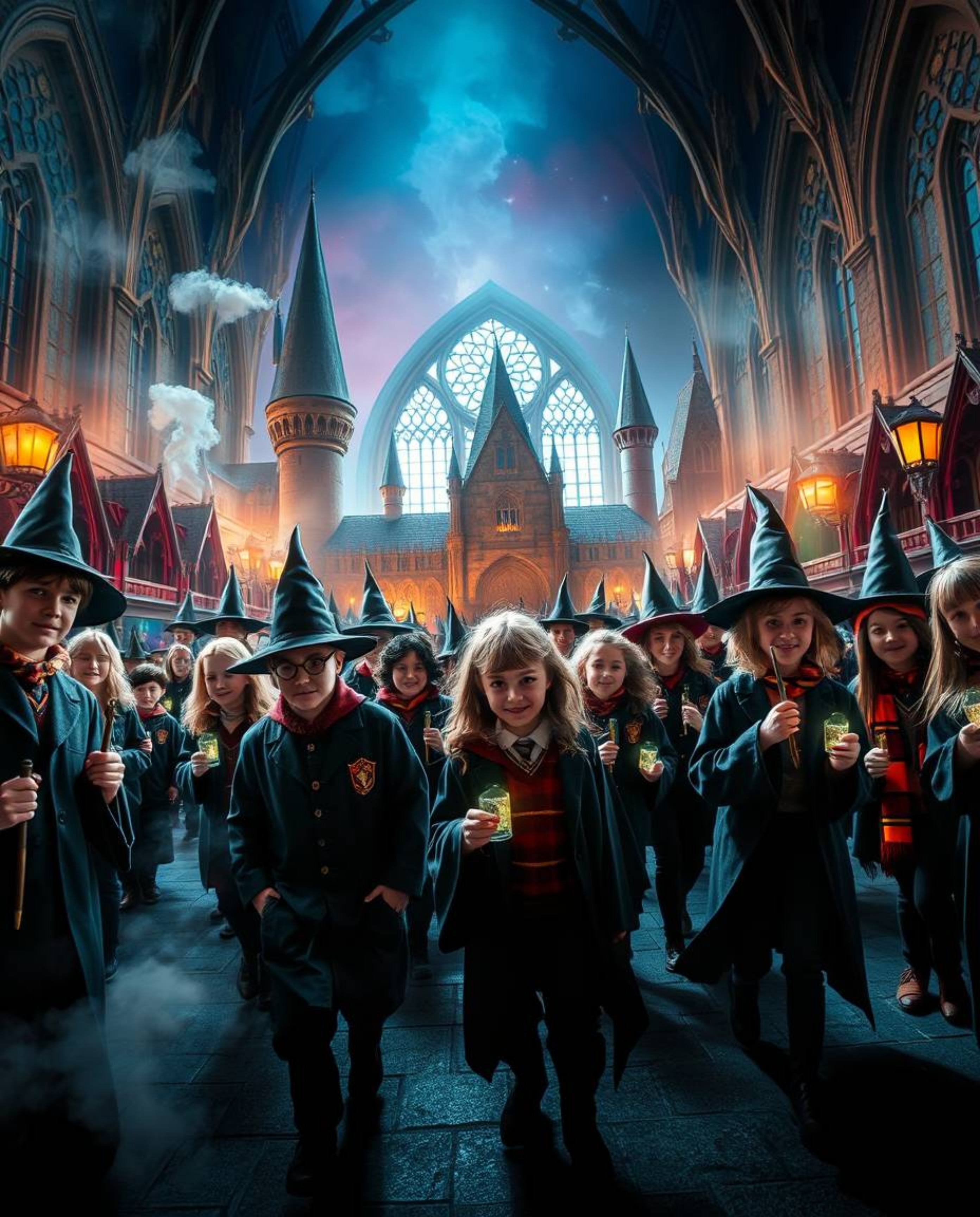 Experience the enchanting world of a magical school teeming with young wizards, vividly brought to life through a dramatic ci