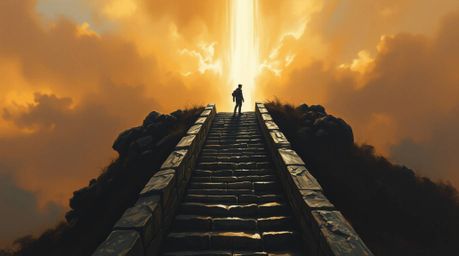 An oil painting capturing a solitary figure ascending a stone staircase towards a radiant beam of divine light. The scene is 