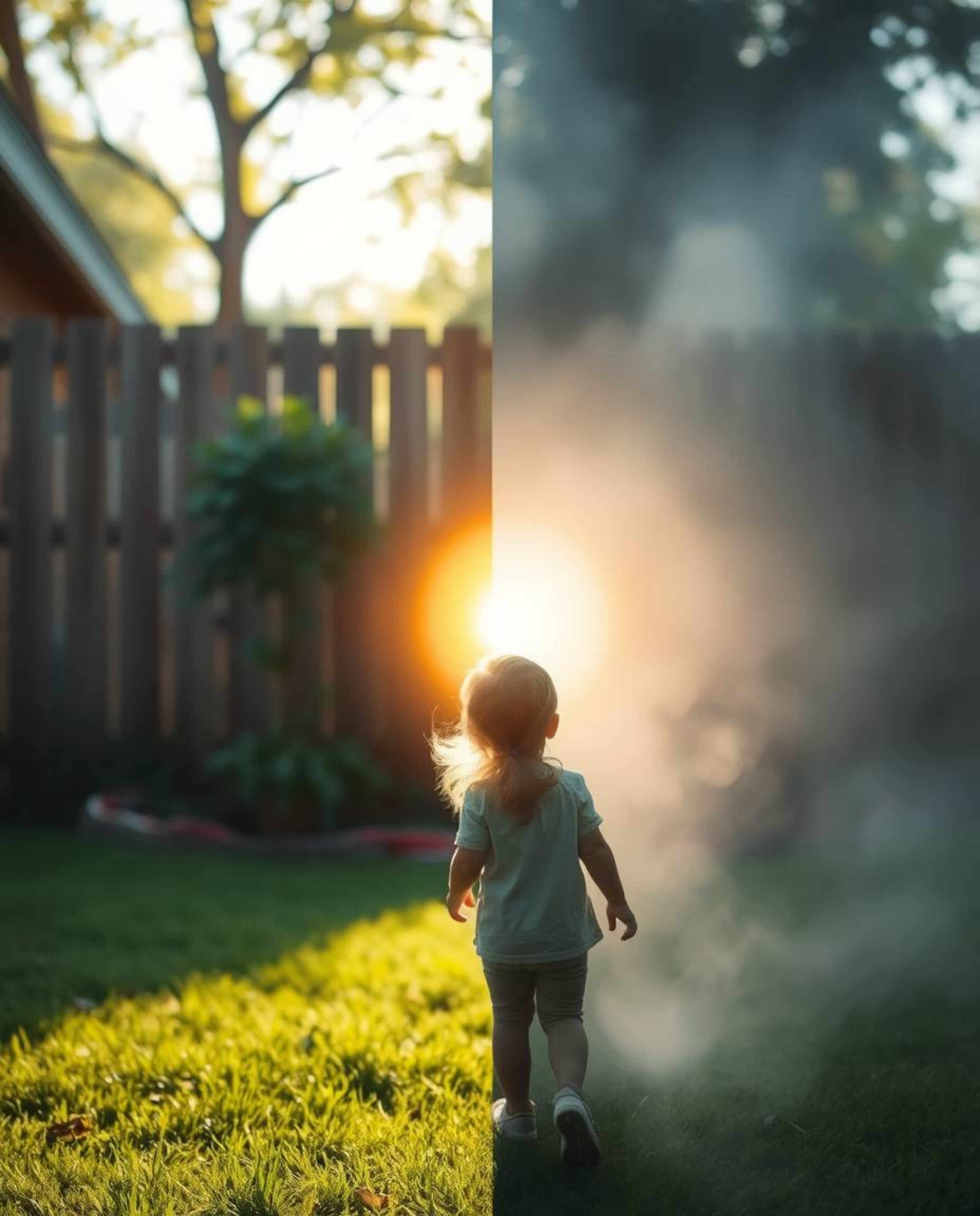 A young child stumbles upon a mesmerizing magical portal hidden in their backyard.  The scene is dramatically split, with vib