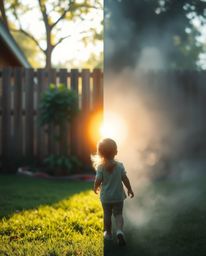 A young child stumbles upon a mesmerizing magical portal hidden in their backyard. The scene is dramatically split, with vib