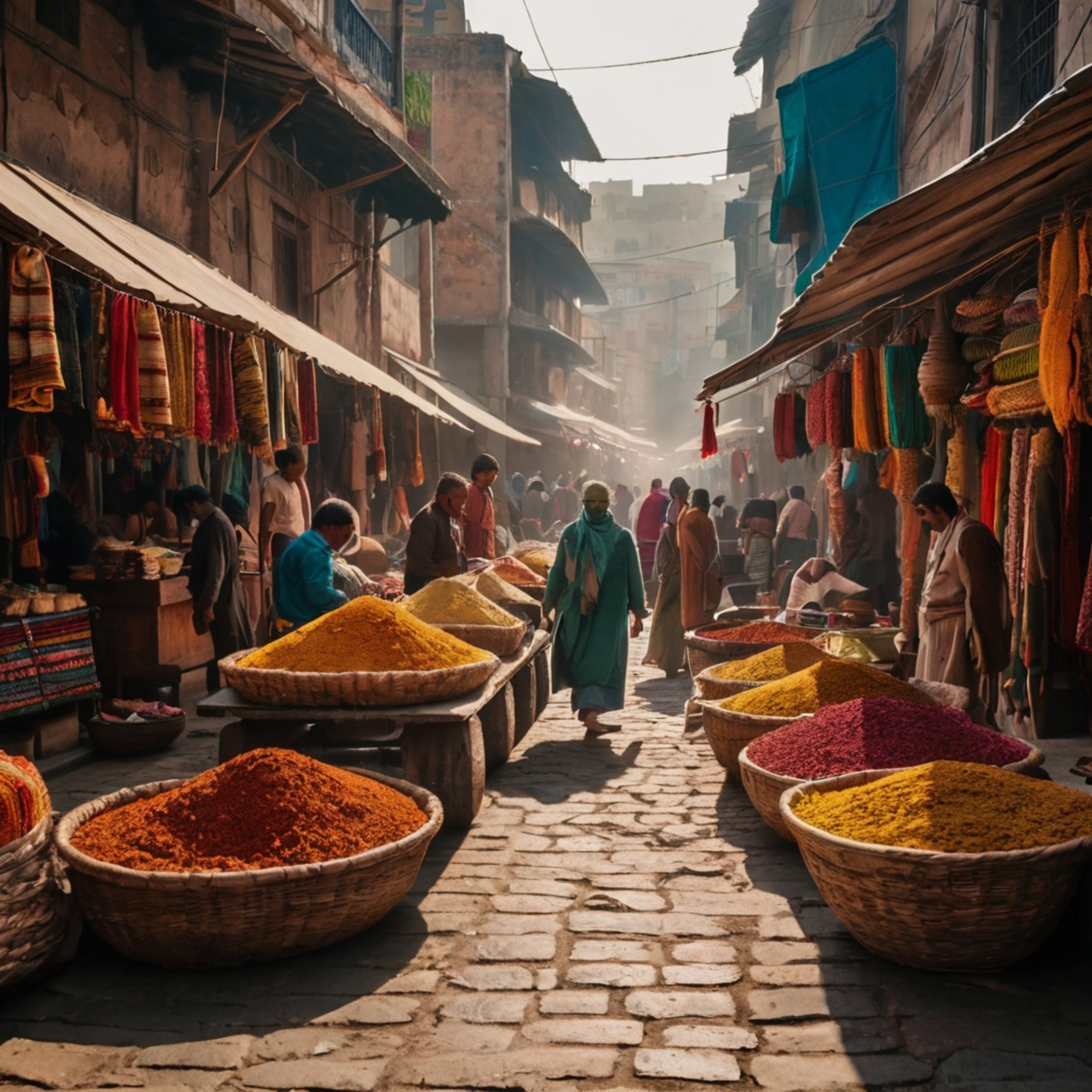 Explore a vibrant market street nestled within an ancient city. Immerse yourself in a sensory experience filled with colorful