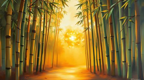 Experience the charm of a classic oil painting depicting an adorable and cute bamboo forest bathed in the warm light of a set