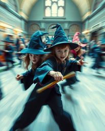 A captivating motion blur image depicts a magical school brimming with young wizards. Rendered in cool blues, greens, and pur