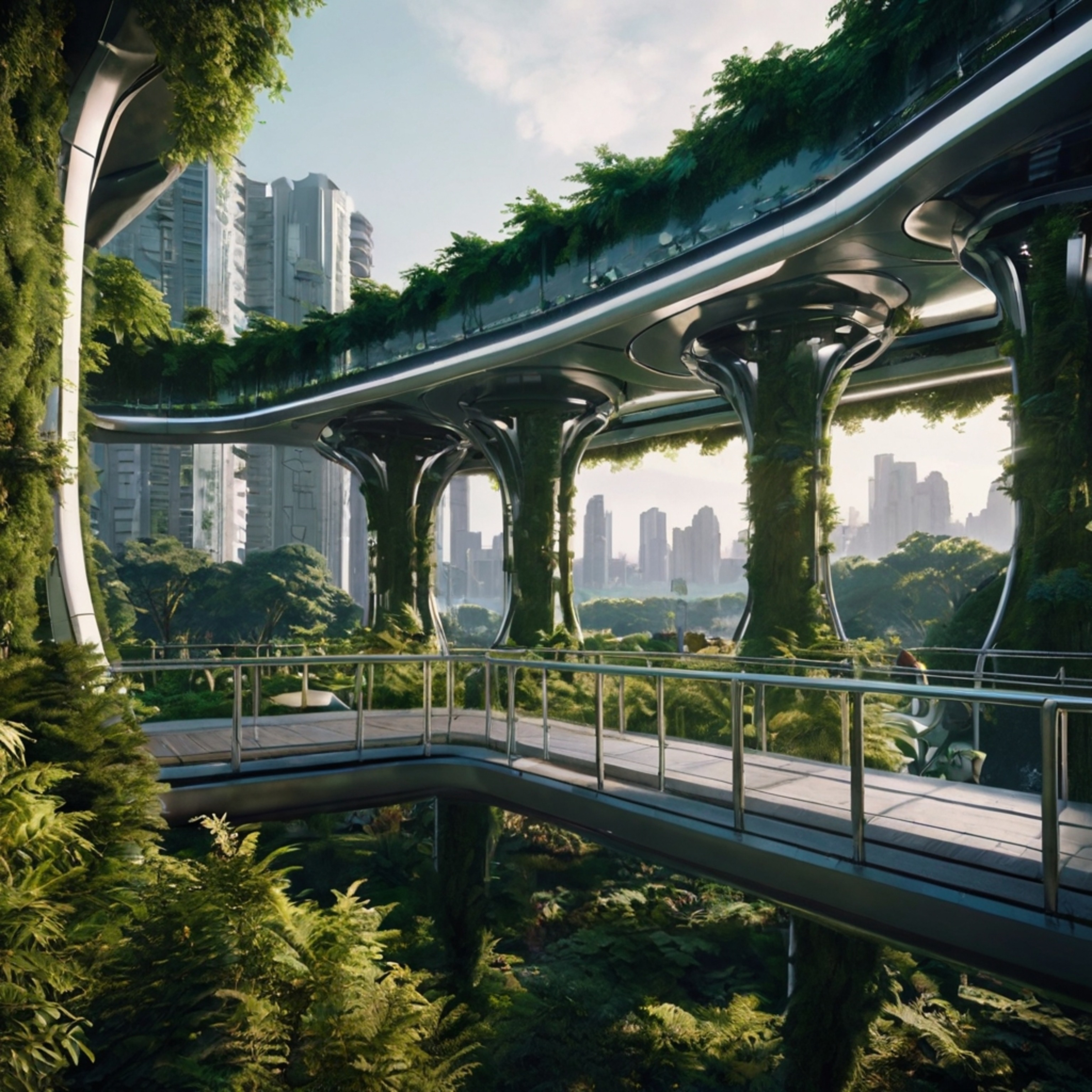 Imagine a city park of the future where nature and technology seamlessly intertwine. Suspended walkways wind through lush gre